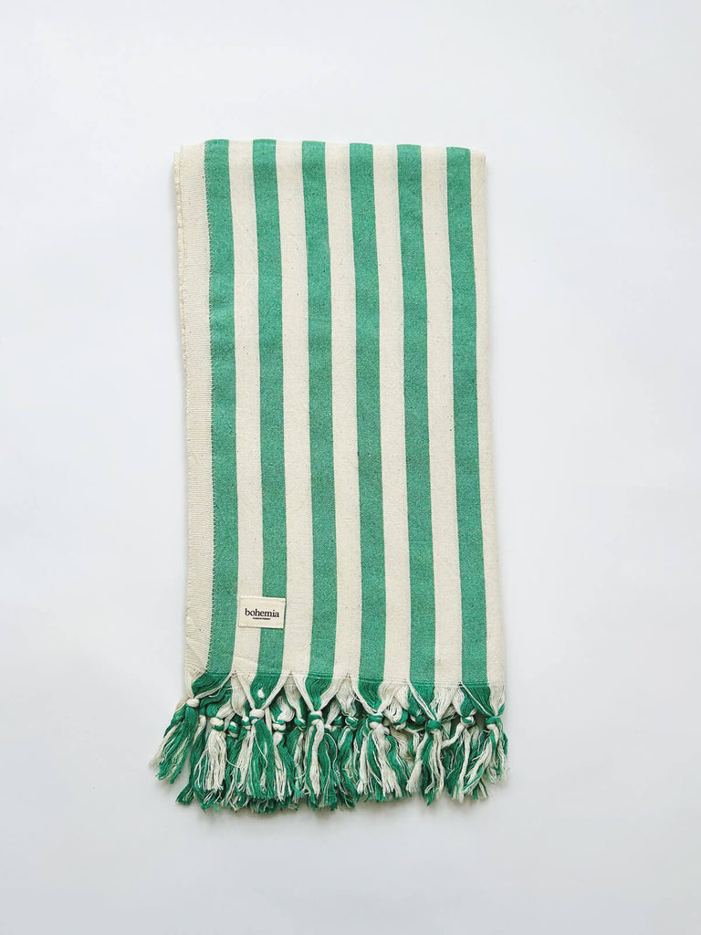 Wide stripe cotton Brighton hammam towel in green and white, finished with fringe