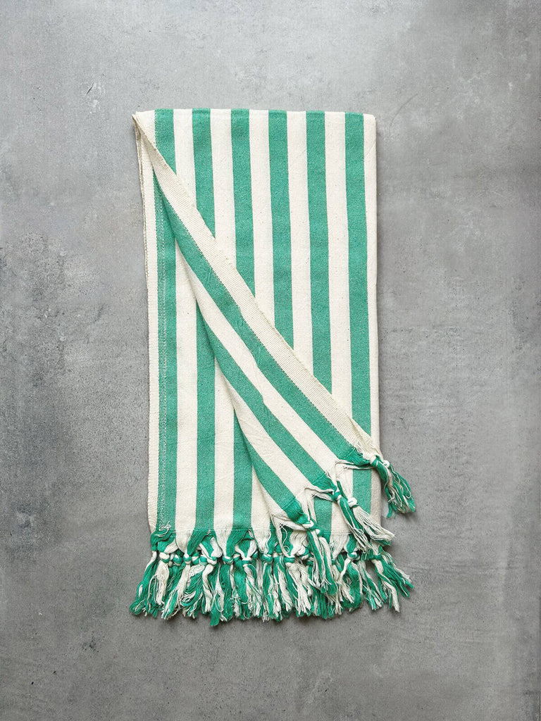 Wide stripe cotton hammam towel in green and white for summer by Bohemia Design