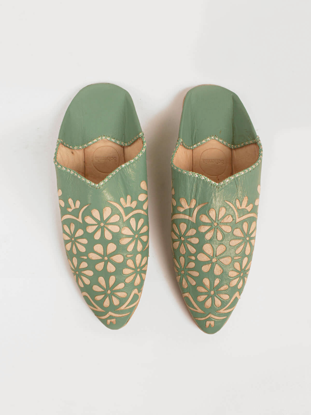 Moroccan Decorative Daisy Babouche Slippers, Sage