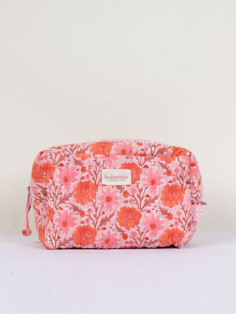 Large hand block print, cotton quilted wash bag with a vintage pink floral design