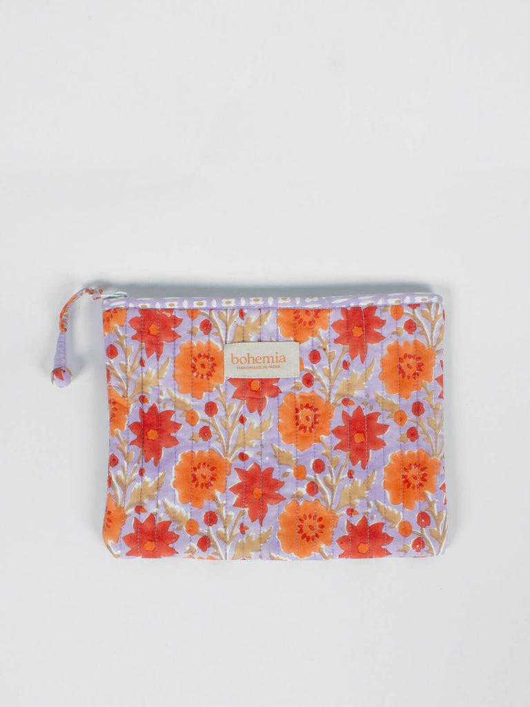 Large quilted cotton zip pouch hand block printed in Jaipur, fully lined with a lilac and orange floral print