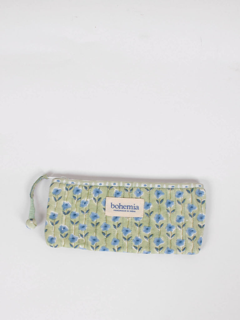 Long quilted cotton zip pouch hand block printed in Jaipur, fully lined with a sage green ditsy prin