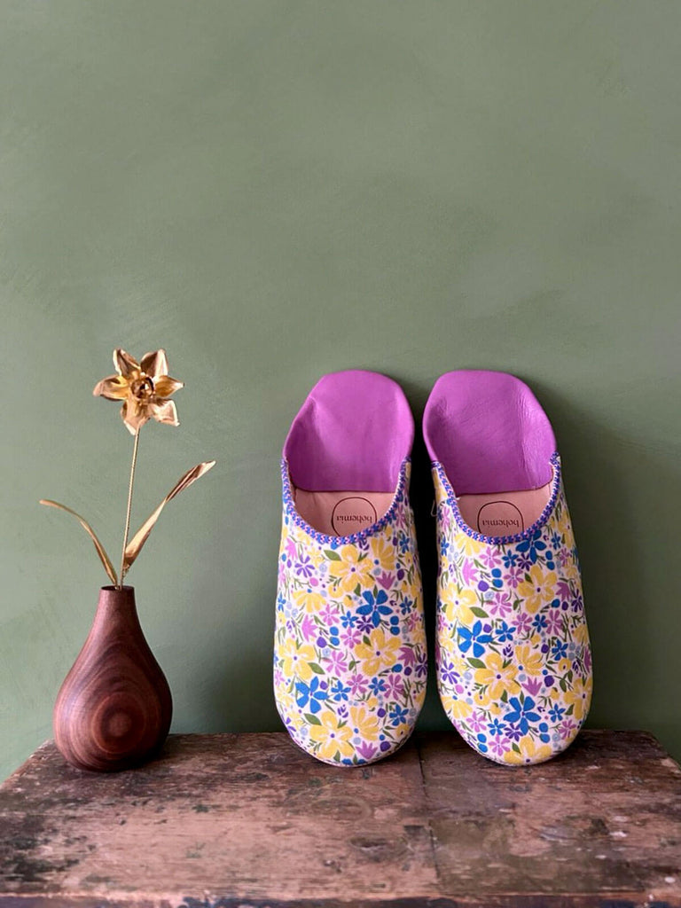 Pink and yellow floral Liberty Print, Bohemian Bloom fabric and leather babouche slippers