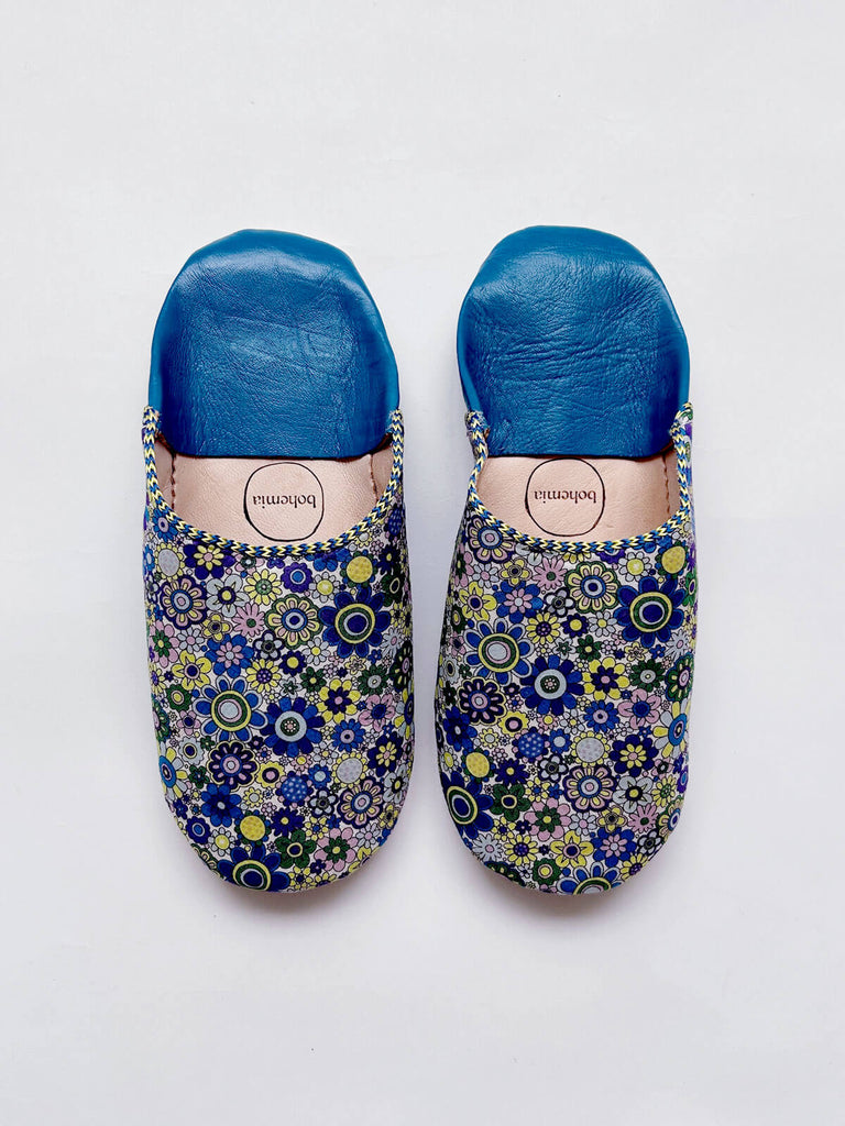 Liberty Print Moroccan babouche slippers in blue Paradise Petals fabric and soft leather soles