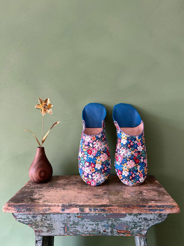 Liberty Print Babouche Slippers in blue and pink floral Westbourne Posy print