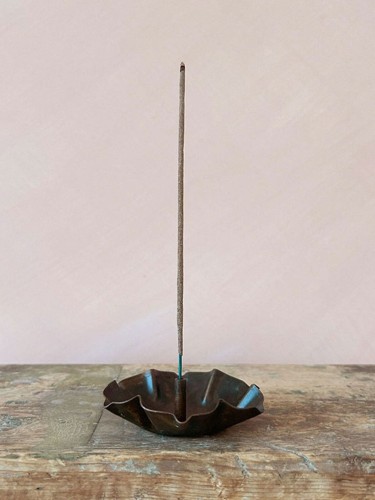 Delicate antiqued iron incense Holder with Lotus flower inspired shape