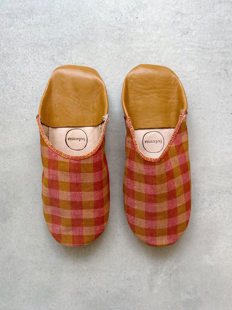 Burnt orange gingham check Moroccan babouche slippers