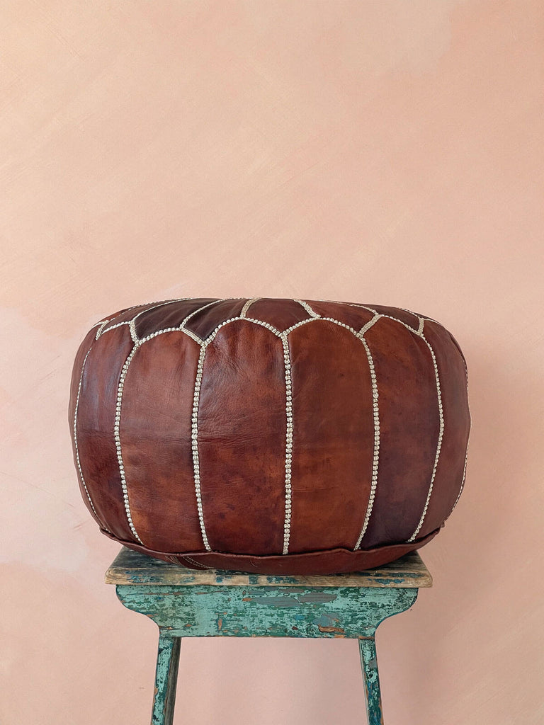 Moroccan leather pouf in chestnut brown with hand embroidered details