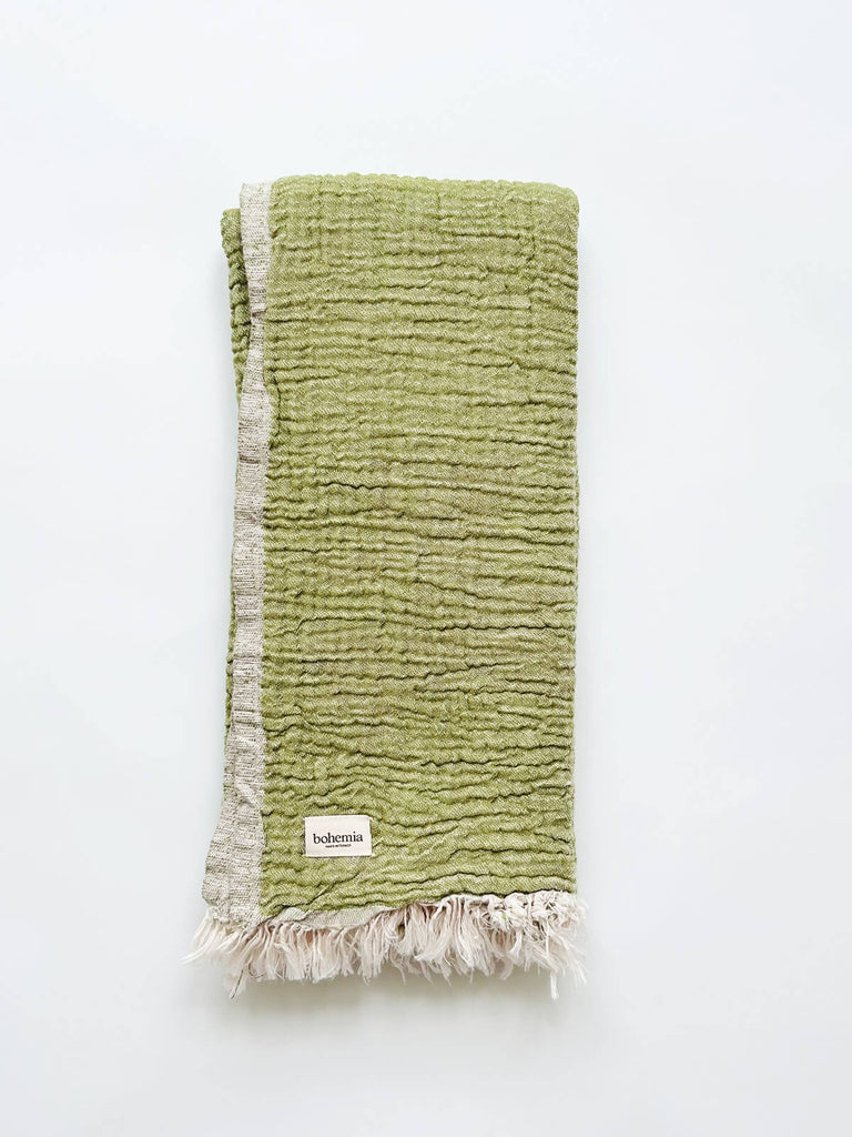 Double sided cotton muslin hammam towel in olive green and pink