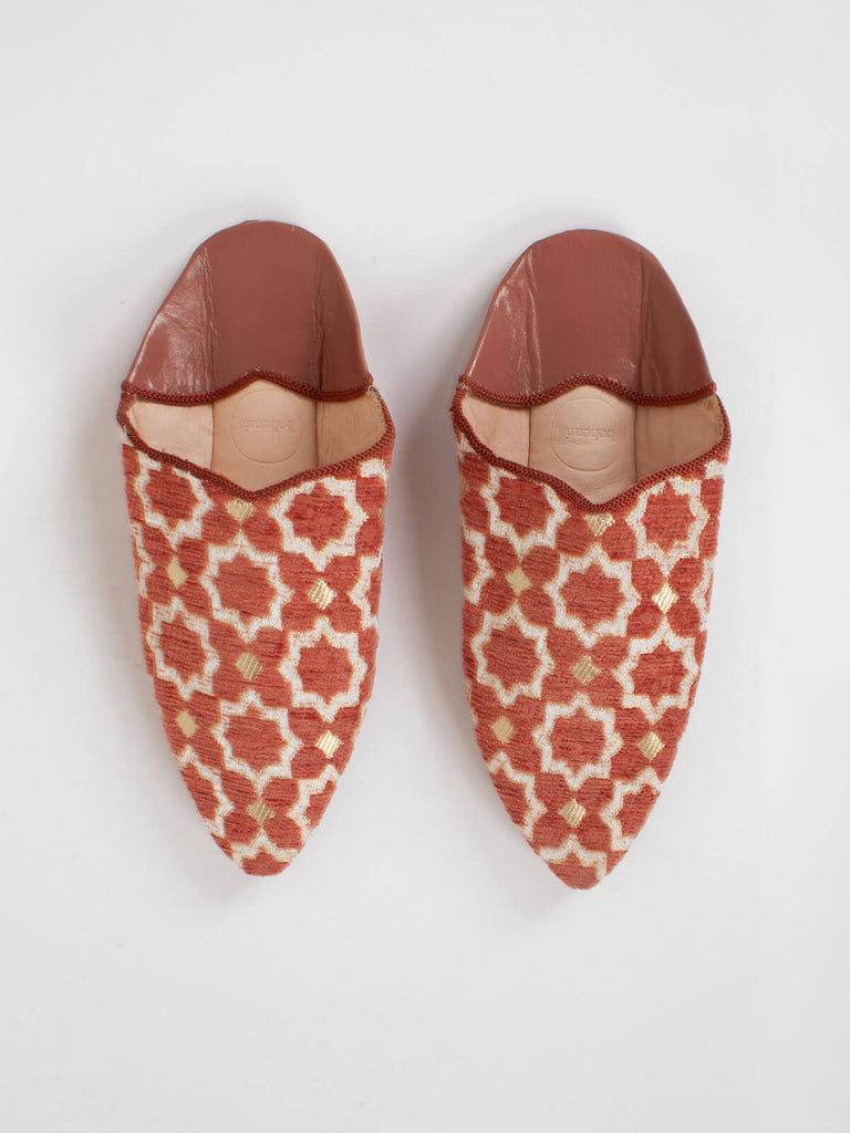 Moroccan Star Brocade Pointed Babouche Slippers, Terracotta