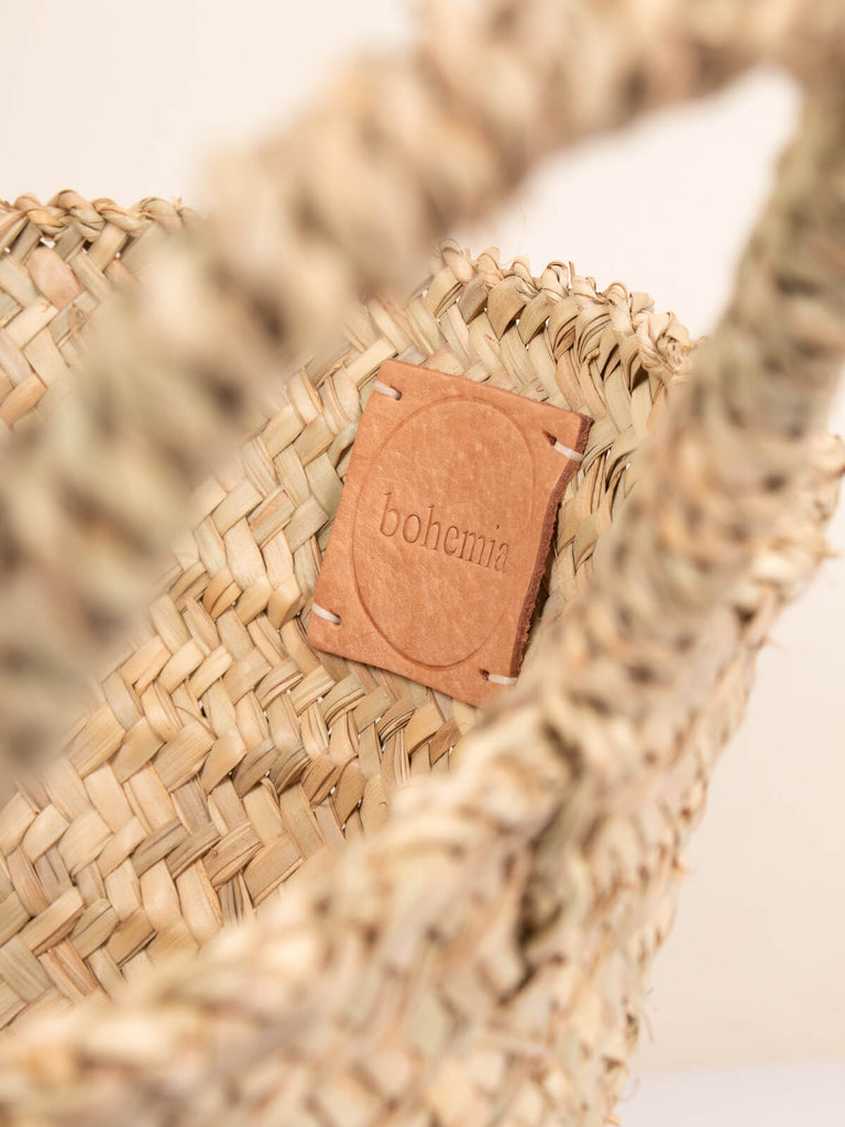 Rustic woven Beldi Baskets with hand stamped leather Bohemia Design label inside