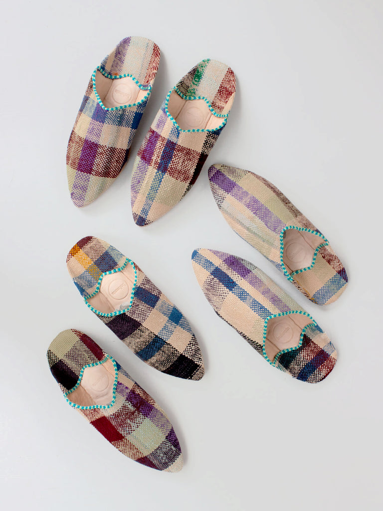 Moroccan Boujad Pointed Babouche Slippers, Natural Check | Bohemia Design