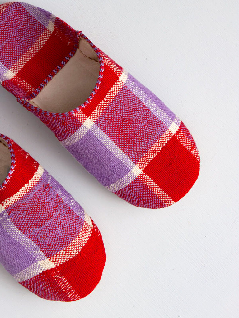 Moroccan Boujad Fabric Basic Babouche Slippers, Red and Lilac Check - Bohemia Design