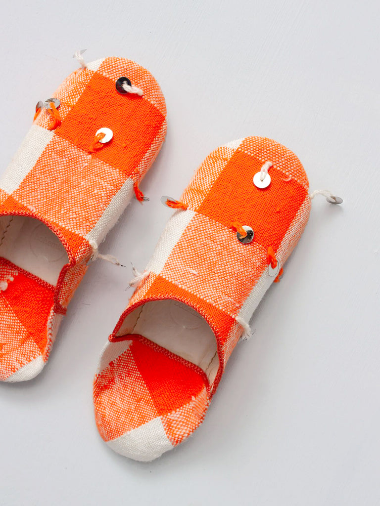 Moroccan Boujad Fabric Basic Babouche Slippers, Orange Sequin - Bohemia Design