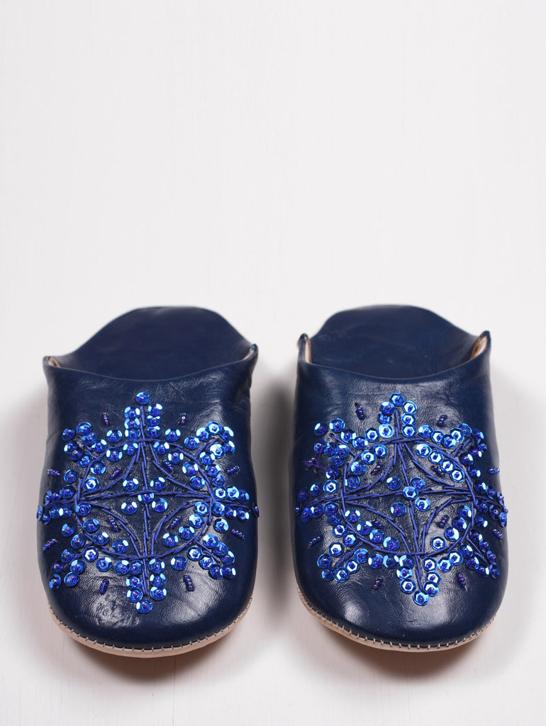 Moroccan Babouche Sequin Slippers, Indigo - Bohemia Design