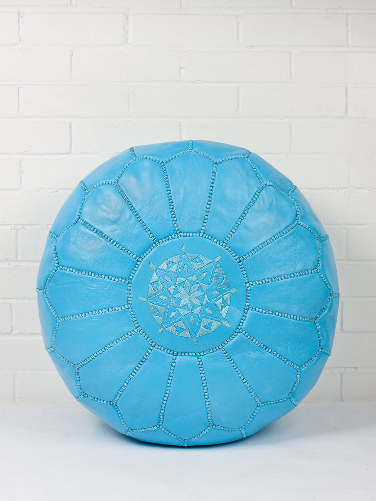 Handcrafted Moroccan Leather Pouffe in bright Aegean Blue by Bohemia Design in star stitch pattern