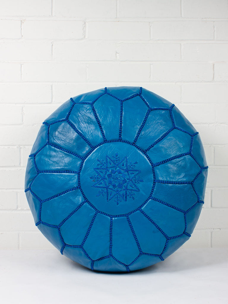 Bohemia Design Handmade Moroccan Leather Pouffe in Bright Blue with Embroidered Star Pattern