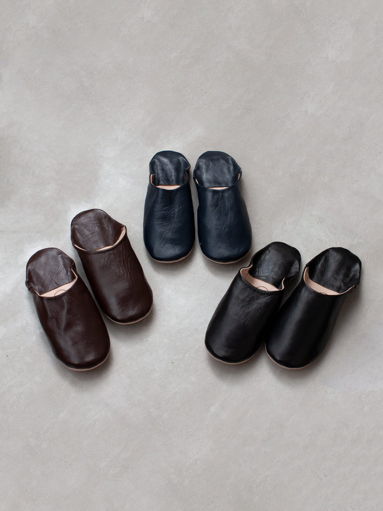 Three pairs of Bohemia Design mens Moroccan babouche slippers in indigo, chocolate and black leather
