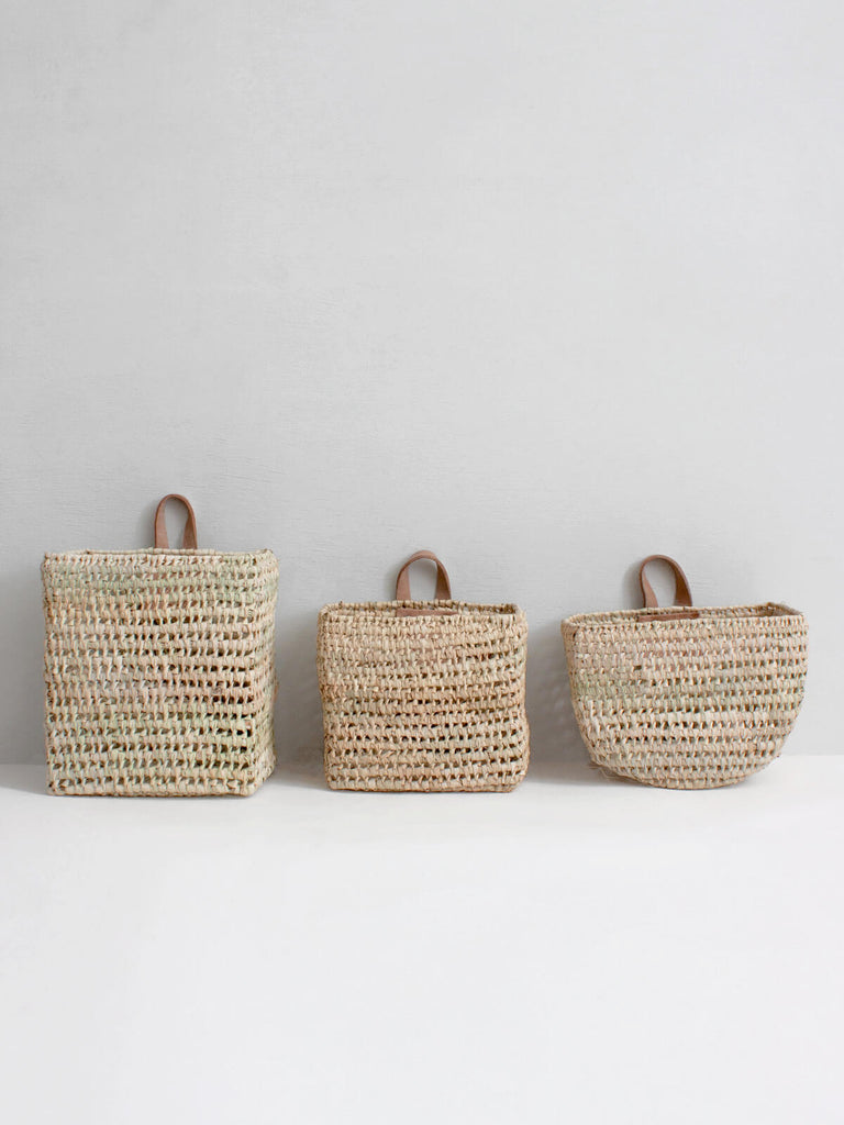 Set of three different shaped Mini woven wall hanging storage basket with leather loop hooks