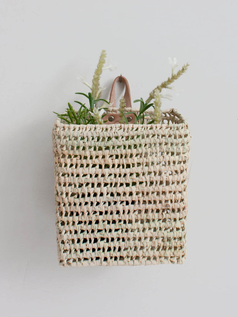 Mini woven wall hanging storage basket with indoor plant
