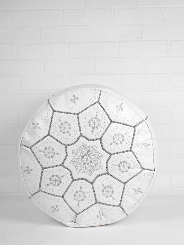 Moroccan Leather Tile Pouffe, White & Grey - Bohemia Design