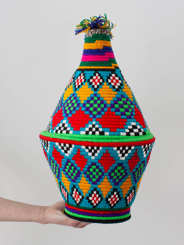 Moroccan wool storage pot by Bohemia Design in multi-coloured pattern
