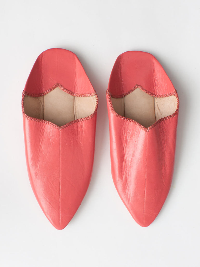 Moroccan Plain Pointed Babouche Slippers, Coral - Bohemia Design