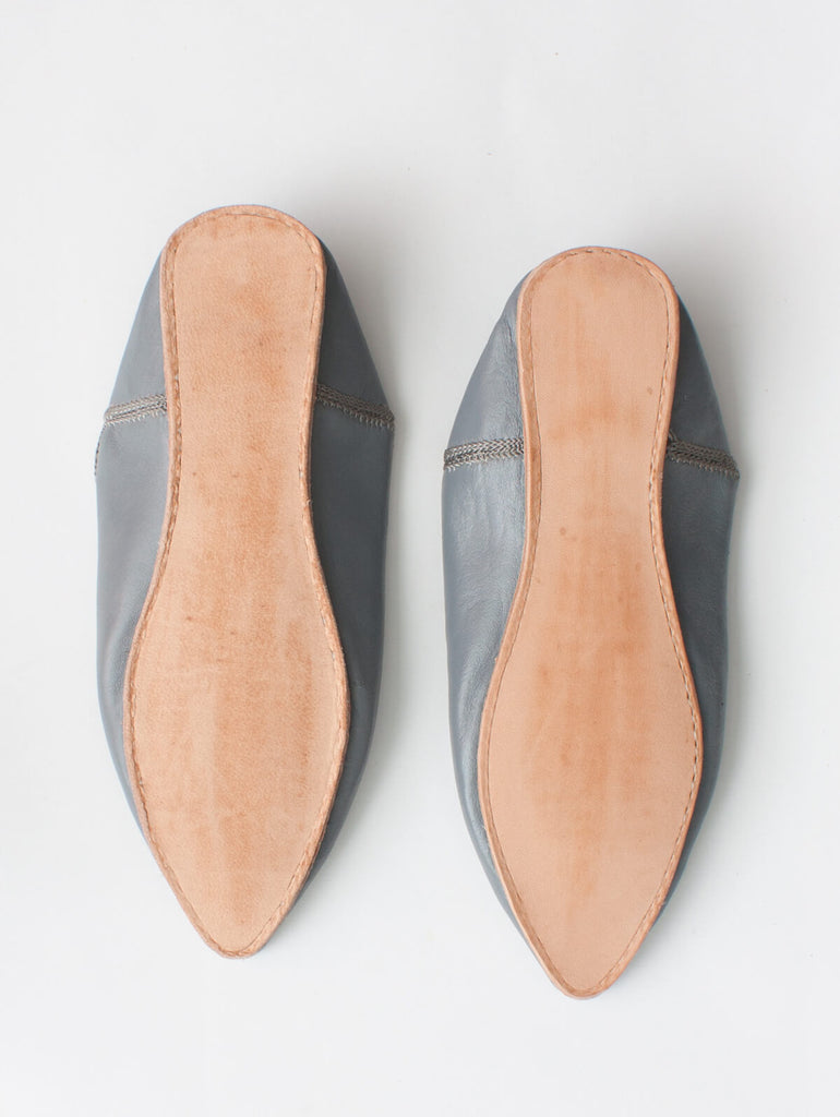 Moroccan Plain Pointed Babouche Slippers, Grey - Bohemia Design