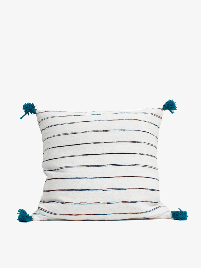 White Cotton Scribble Stripe Square Cushions, Blue - Bohemia Design