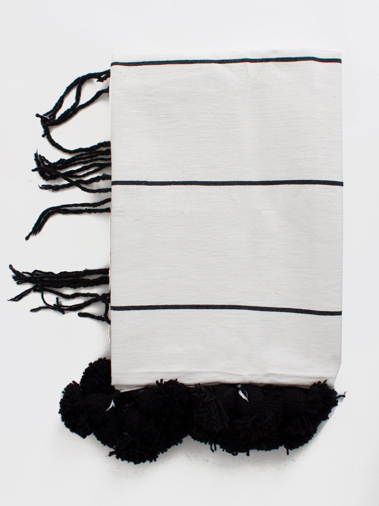 Tassel Pom Pom Blanket, White and Black - Bohemia Design
