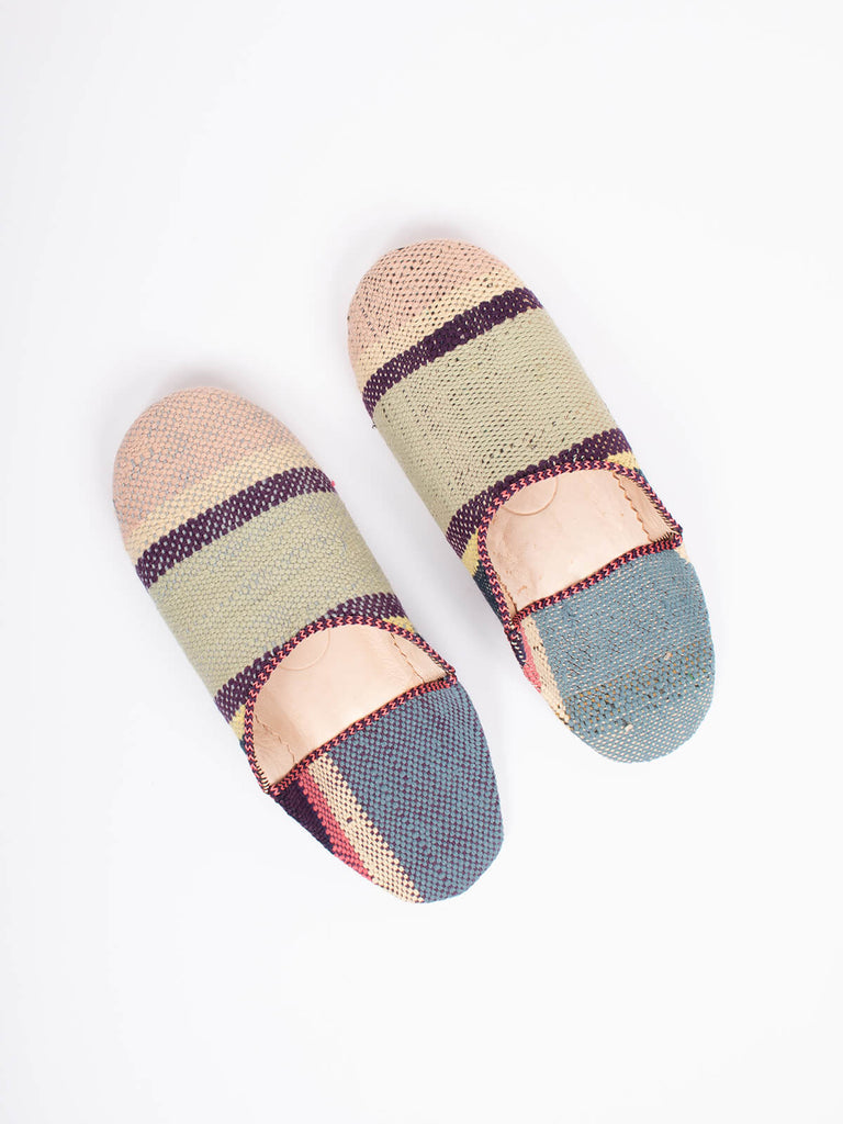 Moroccan boujad babouche slippers in muted stripe pattern by Bohemia design