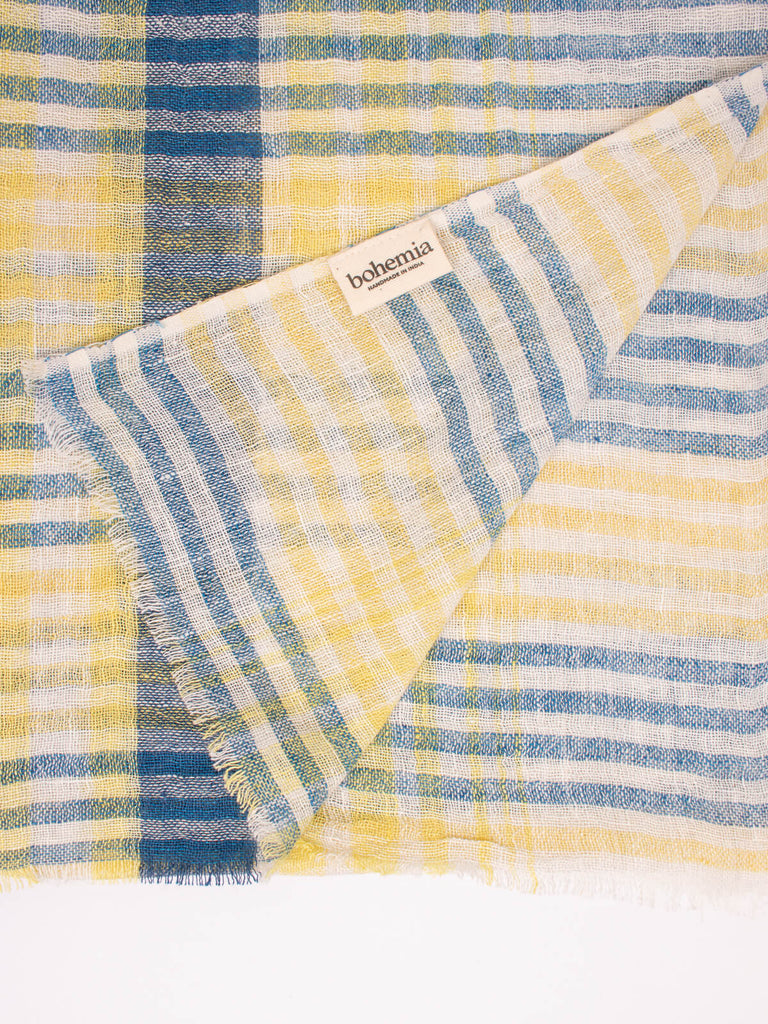 Linen Scarf in a contemporary indigo and lemon check