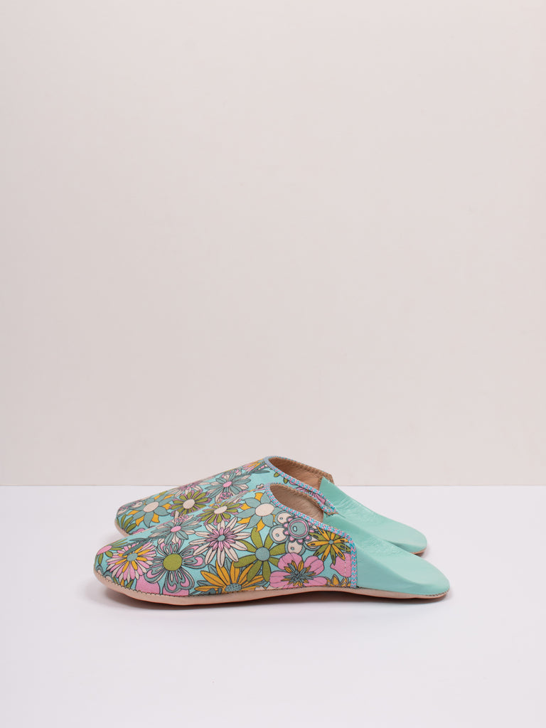 Side view of the Margot Floral Babouche Slippers showing the matching duck egg and pink trim