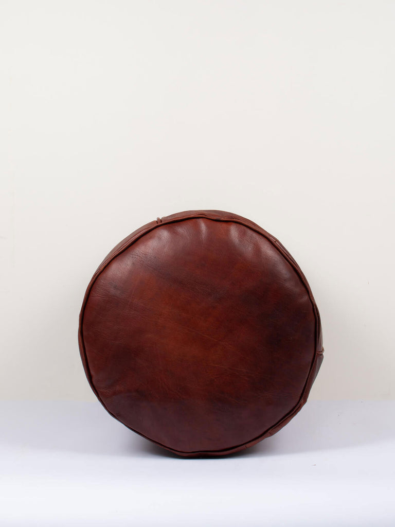 View of the round top of the Moroccan Leather Plain Drum Pouffe, Chocolate