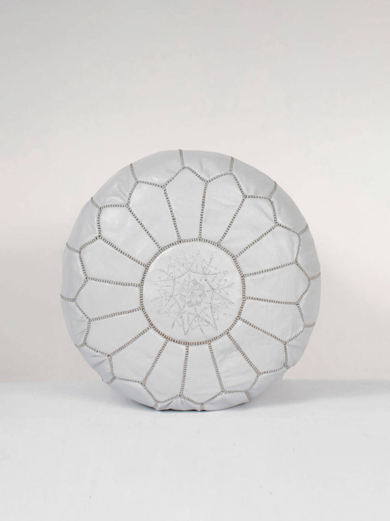 Moroccan Leather Pouffe in grey with hand embroidered design