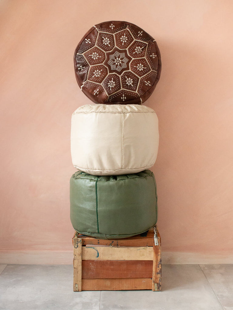 Moroccan Leather Tile Pouffe, Chalk in the middle of two other leather pouffes