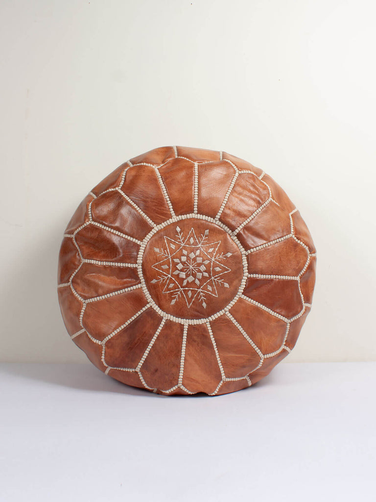 Moroccan Leather Pouffe with tan brown leather and hand embroidered design by Bohemia Design