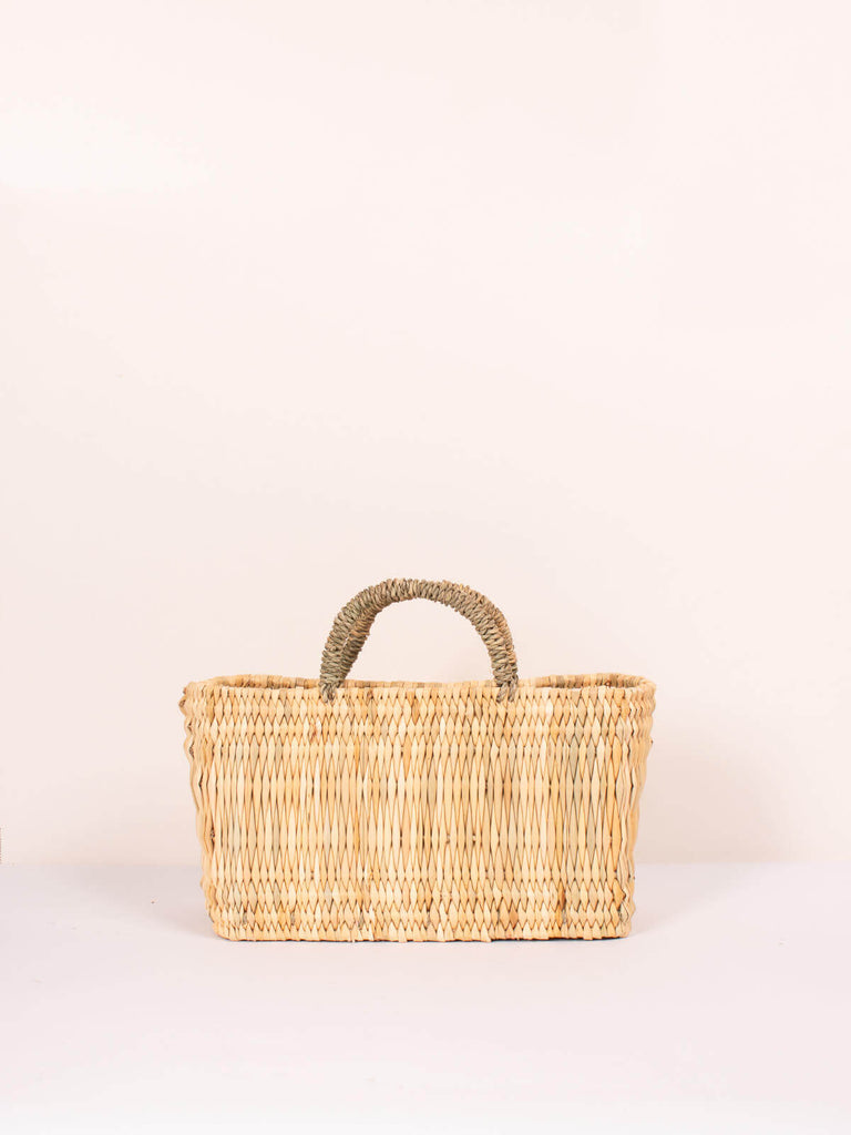 Small boxy Moroccan natural reed rectangular woven storage basket bag