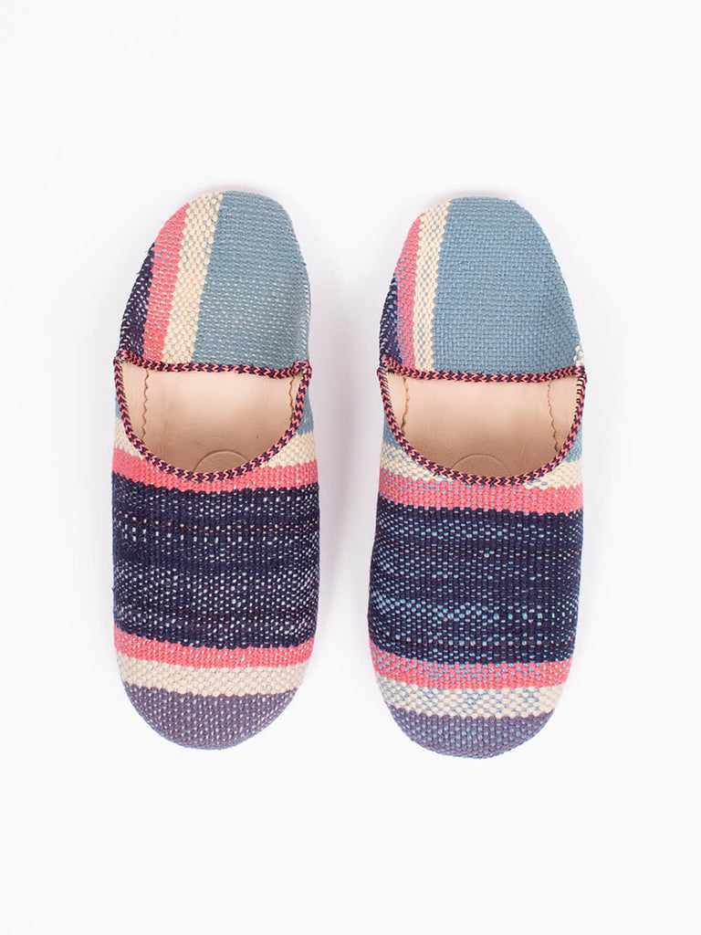 Moroccan boujad babouche slippers in muted stripe pattern by Bohemia design