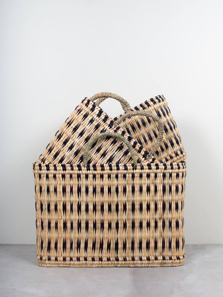 Set of 3 natural woven reed tote basket bags with short handles and  and skillfully weaved indigo pattern by Bohemia Design