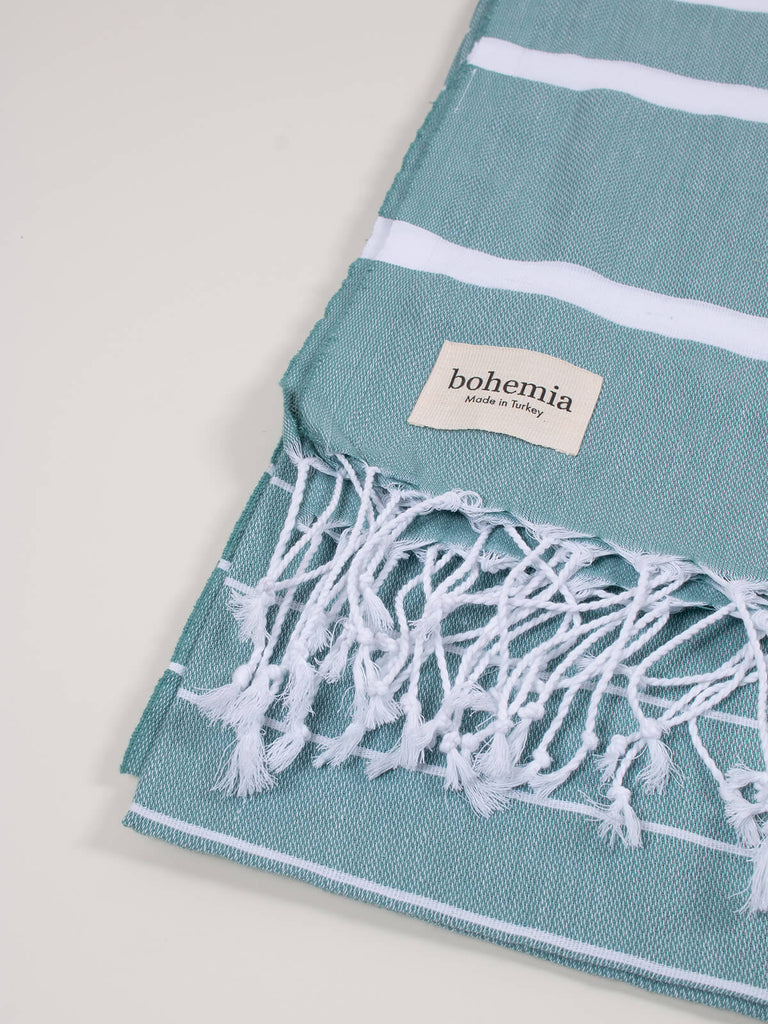 Ibiza Summer Hammam Towel in grey green stripe pattern by Bohemia Design
