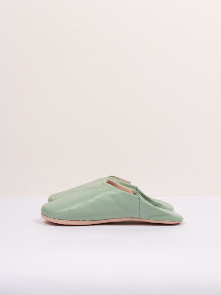 Moroccan babouche slip on mule slippers in sage green leather by Bohemia Design