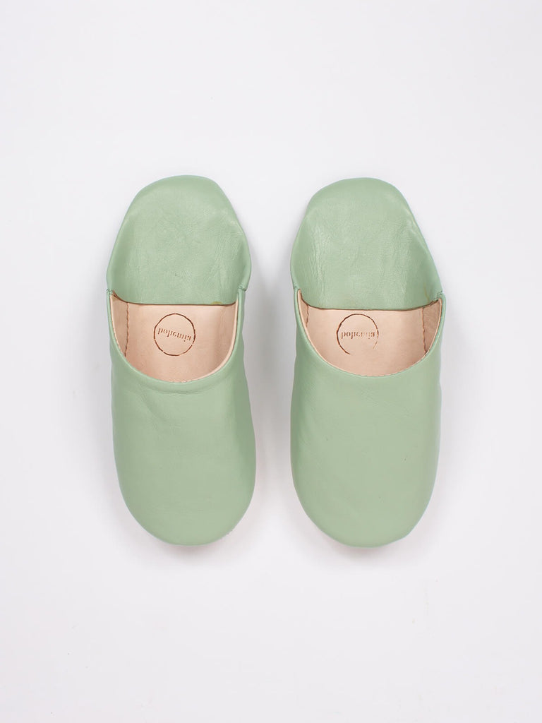 Moroccan babouche mule slippers in sage green leather by Bohemia Design