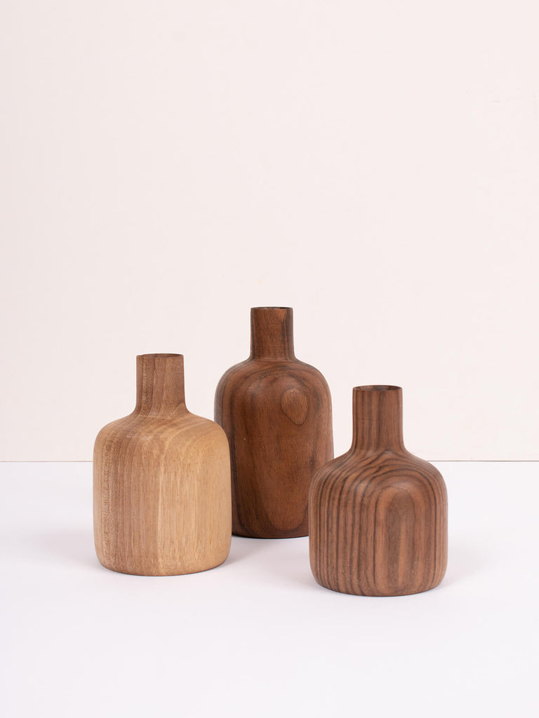 Three mini walnut wood vases Arlo by Bohemia Design