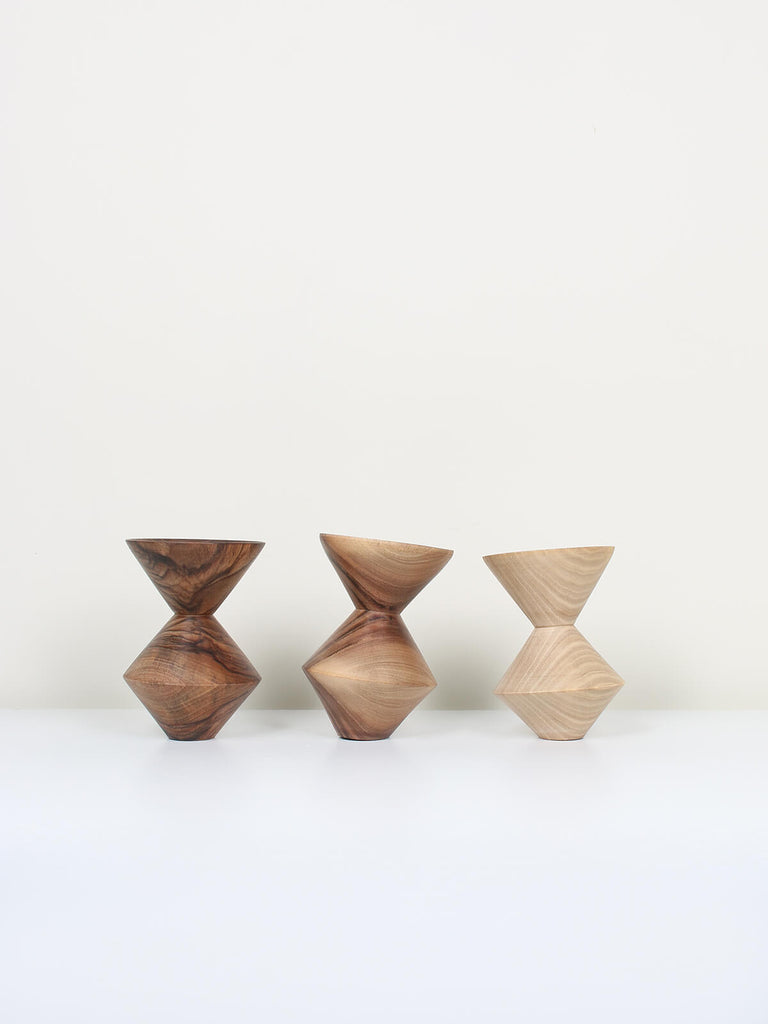 Set of three Natural walnut wood incense holders in a cubist shape