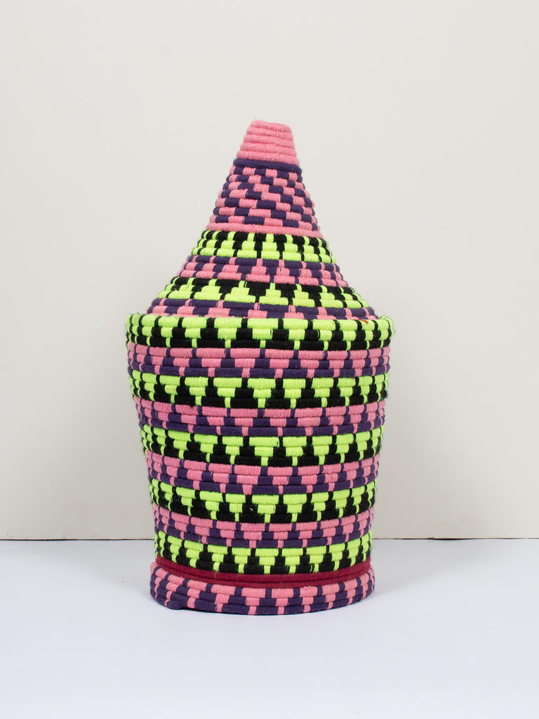 Moroccan wool storage pot by Bohemia Design in pink and yellow pattern