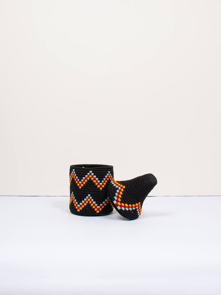 Moroccan wool storage pot by Bohemia Design in black with zig zag pattern