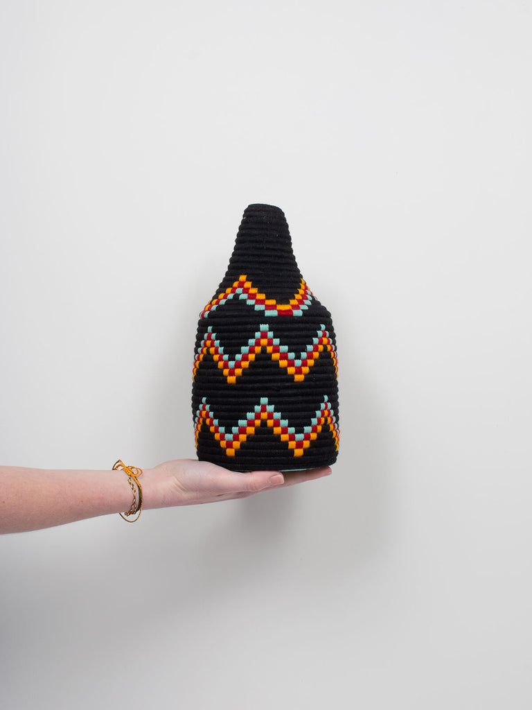 Moroccan wool storage pot by Bohemia Design in black with zig zag pattern