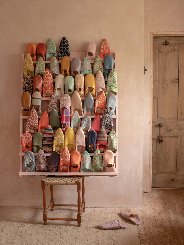 Different styles and colours of Moroccan babouche slippers 