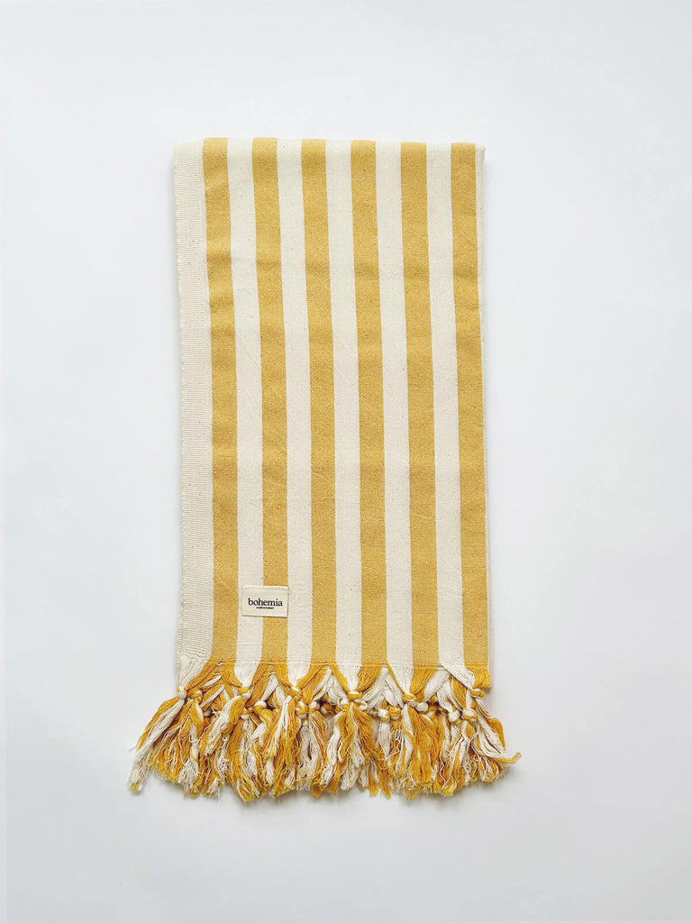 Brighton wide stripe cotton hammam towel in classic mustard yellow and white by Bohemia Design